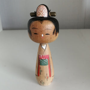 Vintage Japansk Kokeshi i Kimono med Mønster og med Hårnål