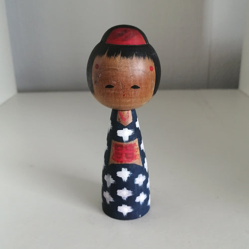 Vintage Kokeshi Dukke i Mørkeblå Kimono