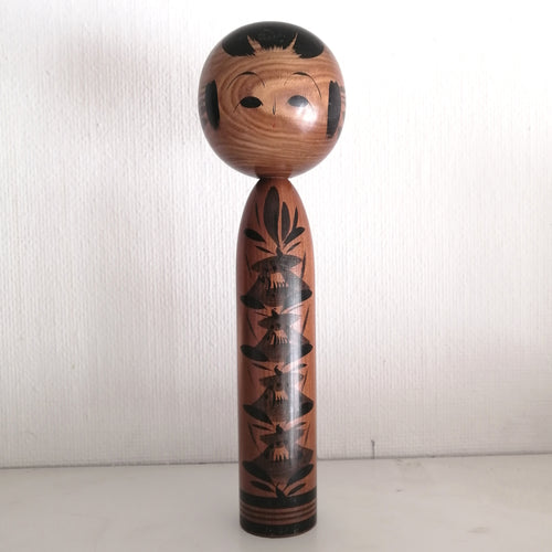 Vintage Japansk Kokeshi Dukke i Brun med Sort Mønster