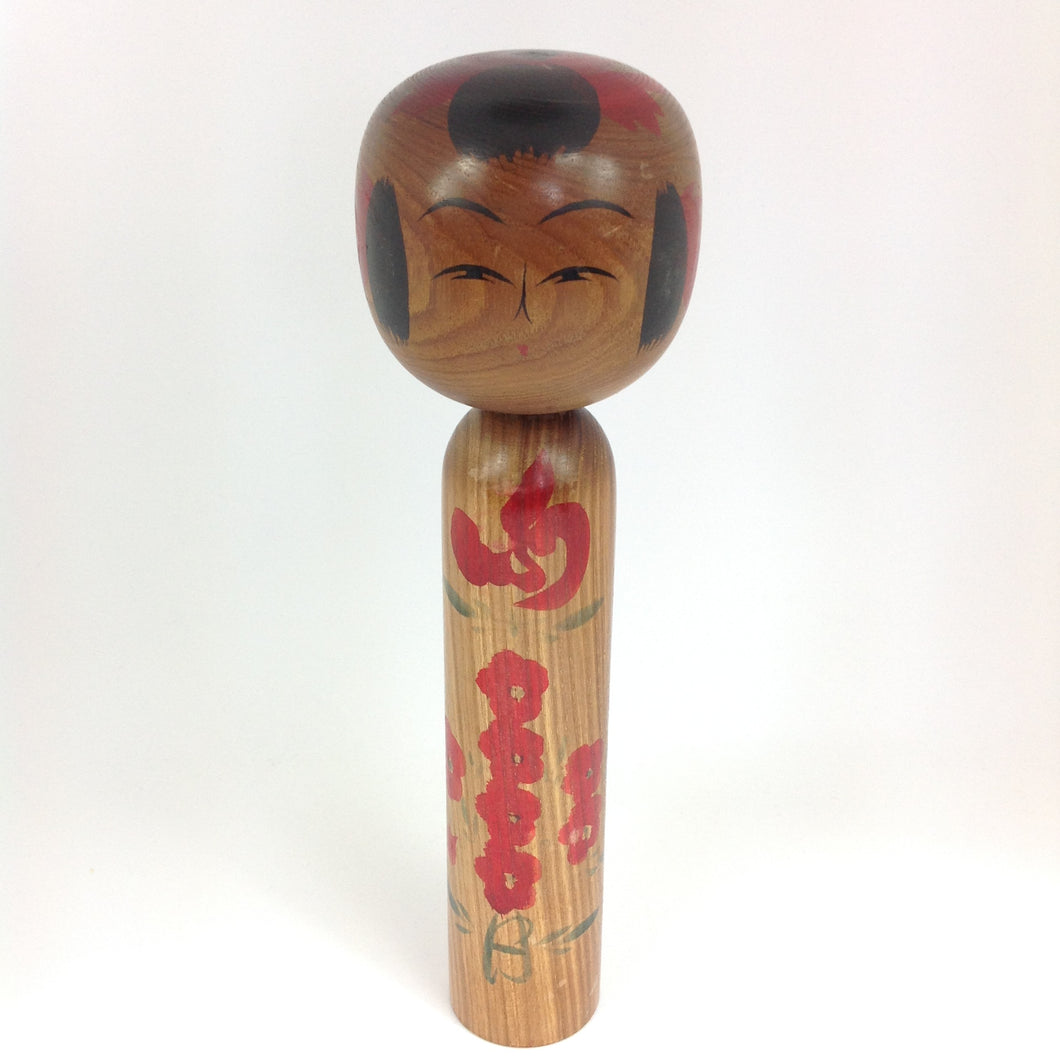 Vintage Kokeshi med Traditionelt Mønster i Rød og Grøn