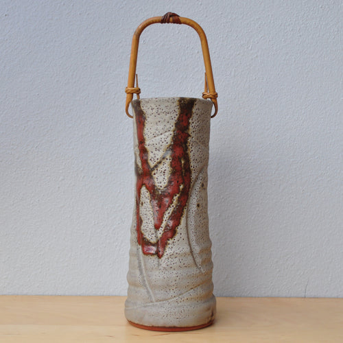 Vintage Japansk Vase i Grå og Brun med Bambus Hank