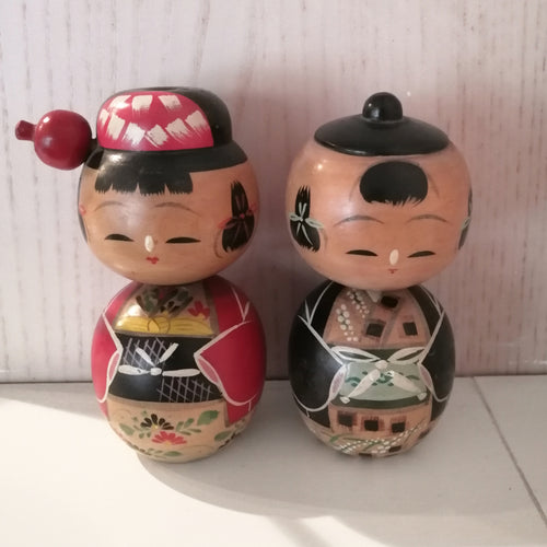 Vintage Japansk Kokeshi Dukke Par i Kimono med Obi og Haori
