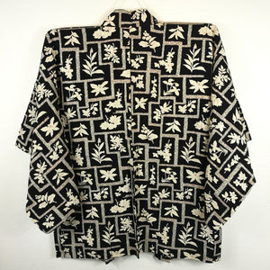 Vintage Japansk Haori Jakke i Sort med Blomster og Mønster