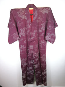 Japansk Kimono med Traditionelt Mønster i Bordeaux og Grå