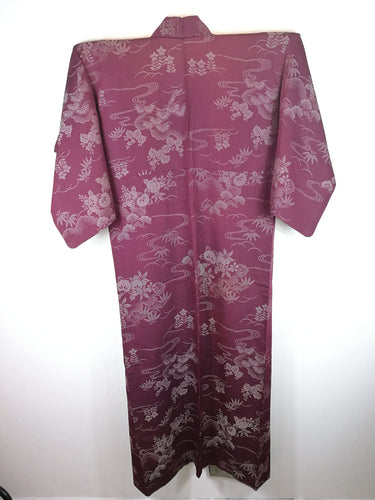Japansk Kimono med Traditionelt Mønster i Bordeaux og Grå