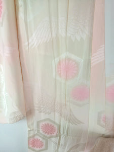 Japansk Nagajuban (Kort Kimono) i Pink og Creme med Traner