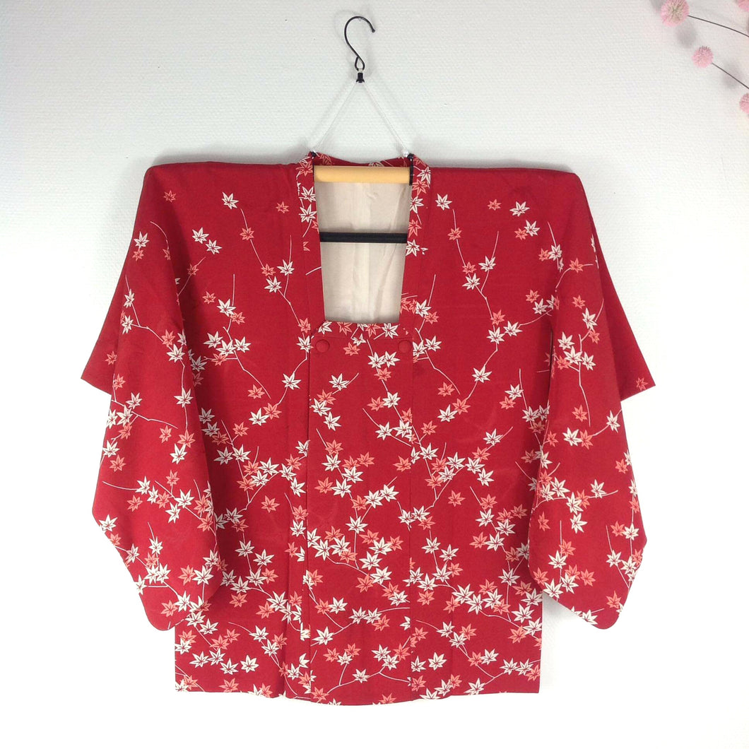 Vintage Japansk Kimono Jakke i Rød med Japanske Ahorn Blade