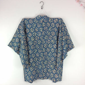 Vintage Japansk Haori Jakke i Blå med Blomster